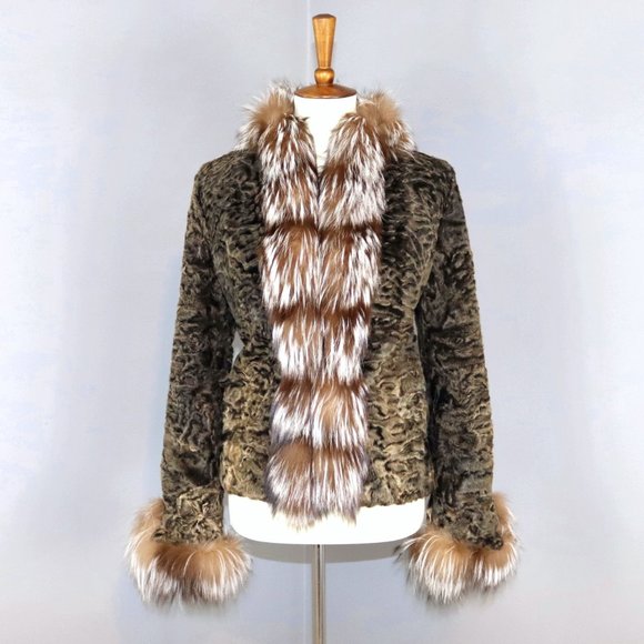 Genuine Karakul Persian Lamb Medium Fox Fur Trim Coat Neiman Marcus $6k - Picture 10 of 14